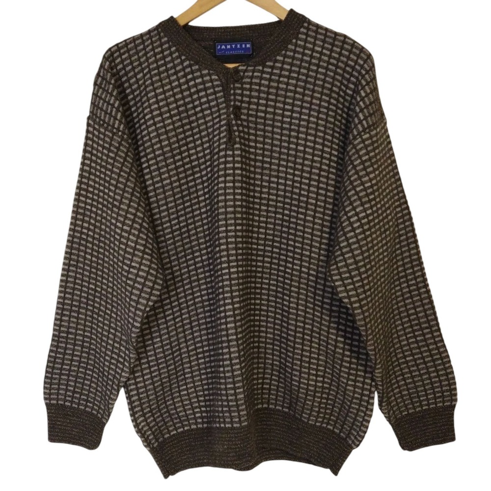Jantzen Vintage Sweater Men's XL Heavy Pullover Brown Blue Long Sleeves